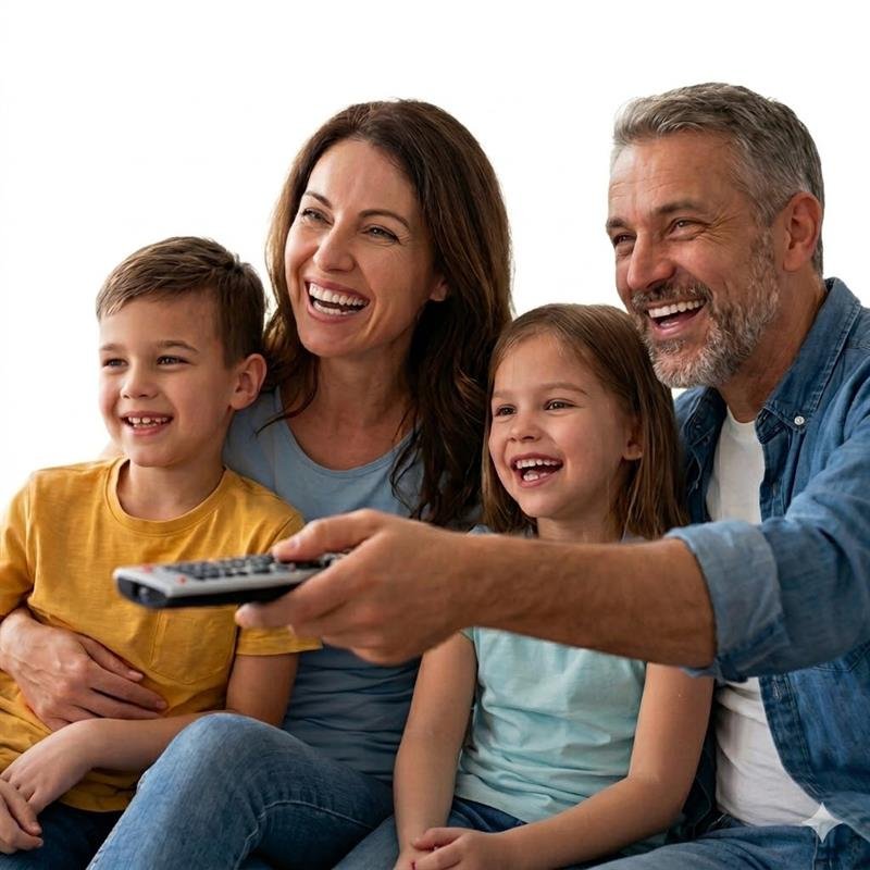 Familia a ver IPTV Portugal no televisor